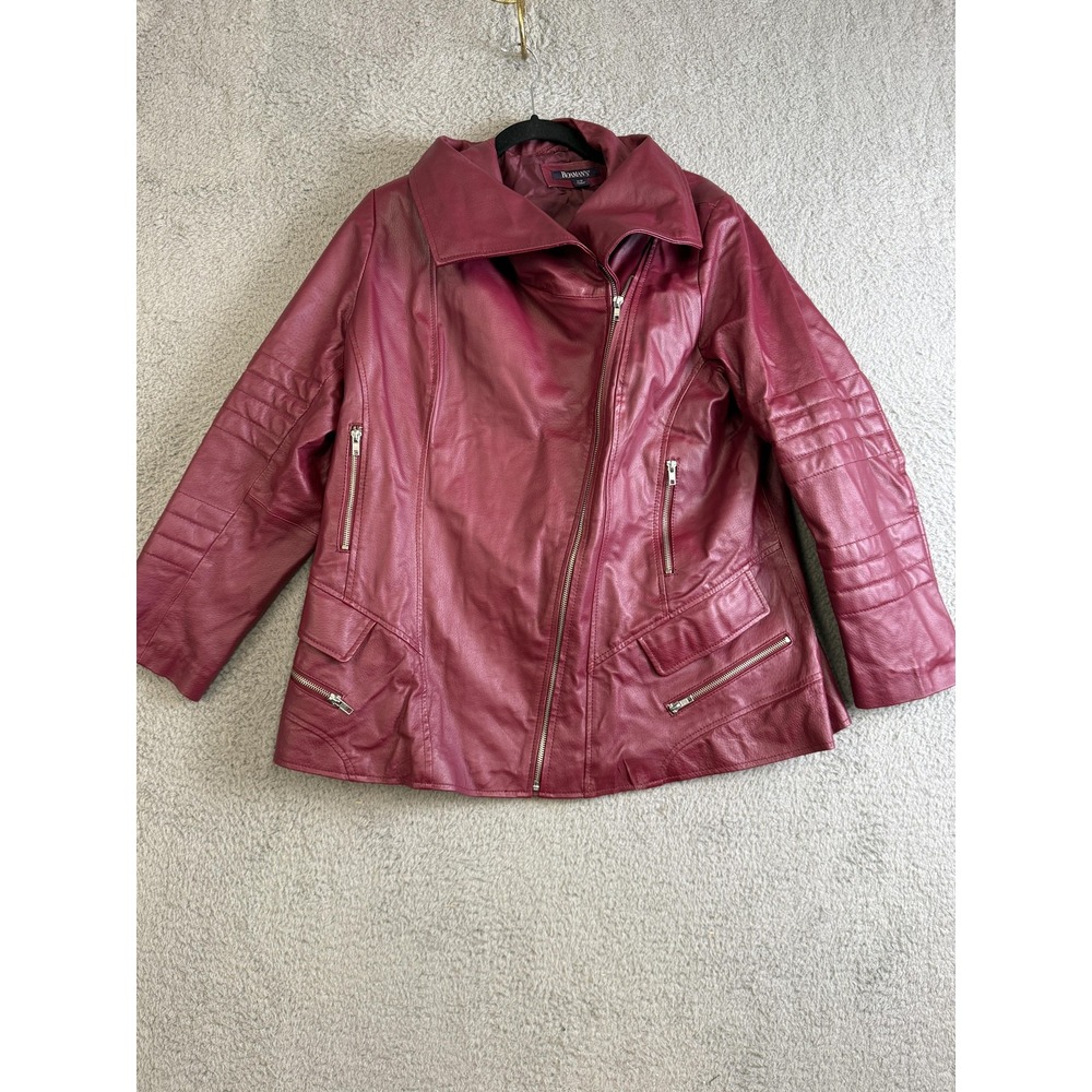 Roaman's Jacket Womens 16W Burgundy Leather Asymmetricalโ Zip Moto Quilted Plus